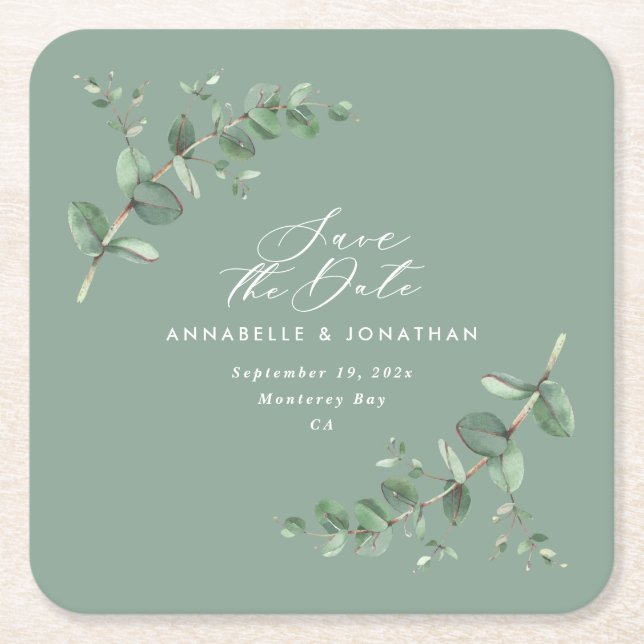 Sage grönt elegant modern eukalyptus spara datumet underlägg papper kvadrat (Framsidan)