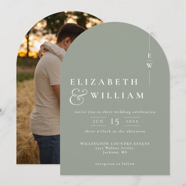 Sage Grönt Elegant Monogram Photo Bröllop Arch Inbjudningar (Fram/baksida)