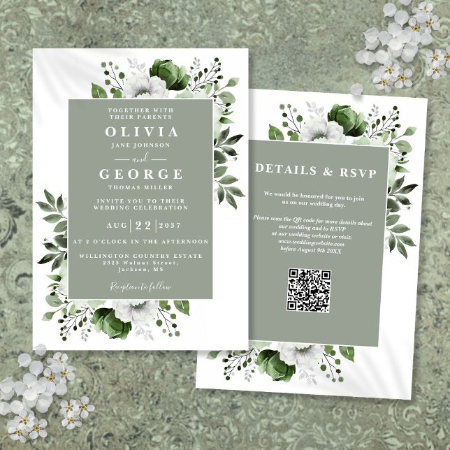 Sage Grönt Elegant Rustic Blommigt QR-kod Bröllop Inbjudningar (Sage Green Elegant Rustic Floral QR Code Wedding Invitation)