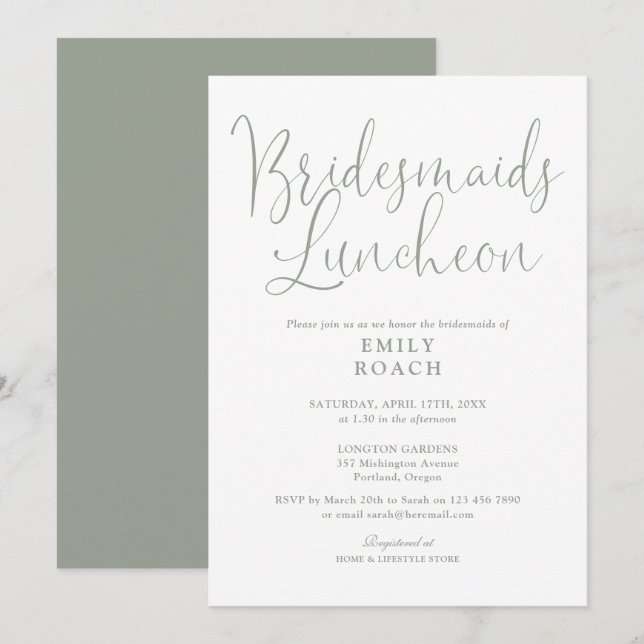 Sage Grönt Elegant Script Bridesmaids Luncheon Inbjudningar (Fram/baksida)