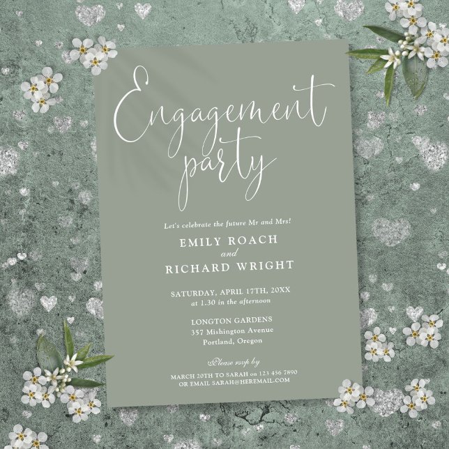 Sage Grönt Elegant  Script Förlovningsfest Inbjudningar (Sage Green Elegant Script Engagement Party Invitation)