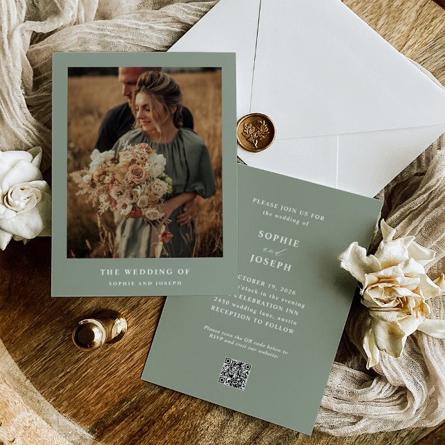 Sage Grönt Elegant Text och Photo QR-kod Bröllop Inbjudningar (Skapare uppladdad)