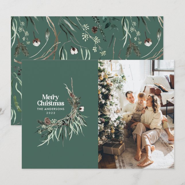 Sage grönt elegant vattenfärg botanisk rustik julkort (Fram/baksida)