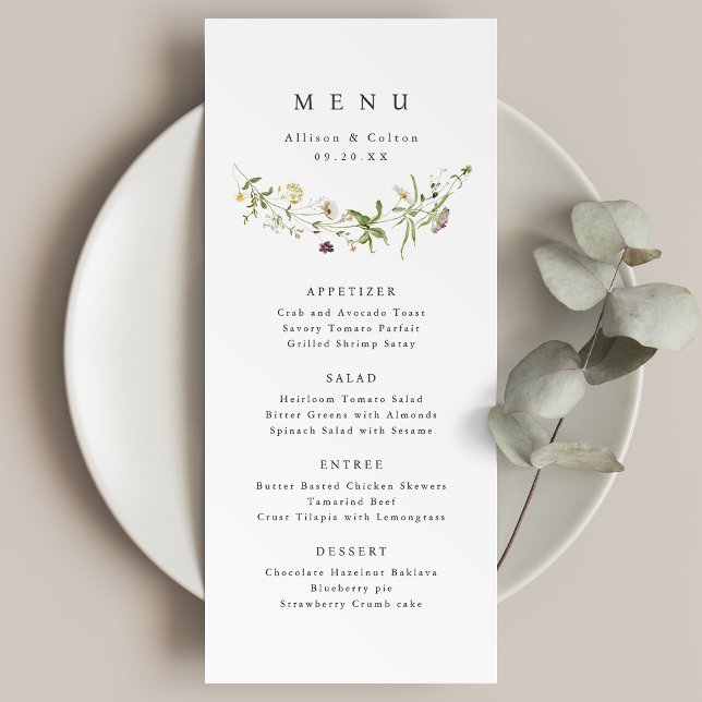 Sage Grönt Elegant Wildblomma Rustic Boho Bröllop Meny (Elegant Wildflower Rustic Boho Wedding Menu)