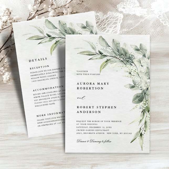 Sage Grönt Eucalyptus All in one Detail Bröllop Inbjudningar (Sage Green Eucalyptus Minimalist All in One Detail Wedding Invitation)