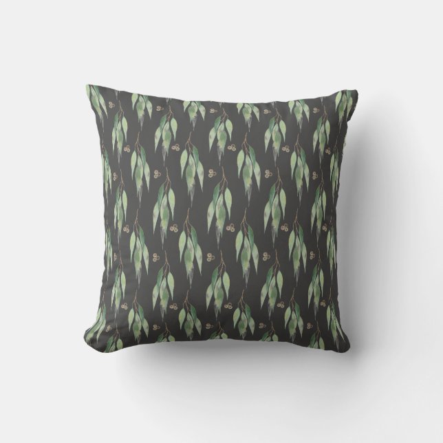 SAGE GRÖNT EUCALYPTUS BLACK MÖNSTER CUSHION KUDDE (Framsida)