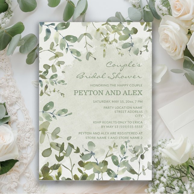 Sage Grönt Eucalyptus Couppes Möhippa Inbjudningar (Eucalyptus leaves bridal shower invitation)