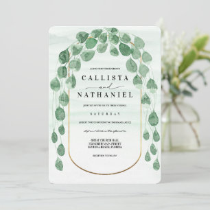 Sage Grönt Eucalyptus Garland Guld Oval Bröllop in Inbjudningar