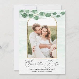 Sage Grönt Eucalyptus Garland Guld Oval Bröllop Spara Datumet