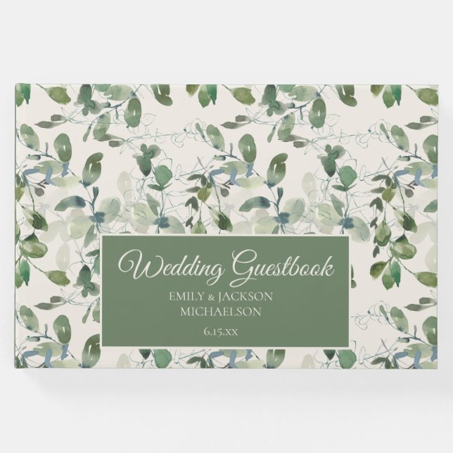 Sage Grönt Eucalyptus Löv Cream Bröllop Gästböcker (Framsida)