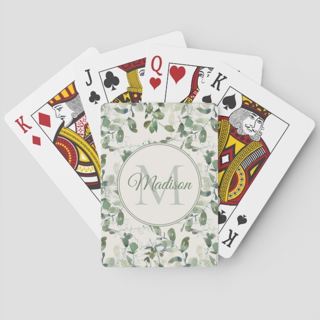 Sage Grönt Eucalyptus Löv Cream Monogram Namn Casinokort (Baksidan)