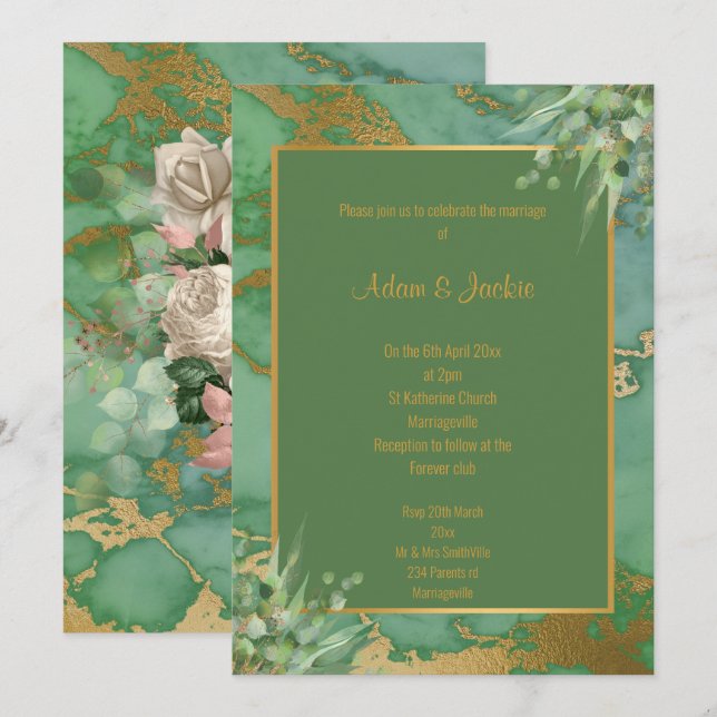 SAGE GRÖNT EUCALYPTUS MARBLE WEDDING INVITATION INBJUDNINGAR (Fram/baksida)