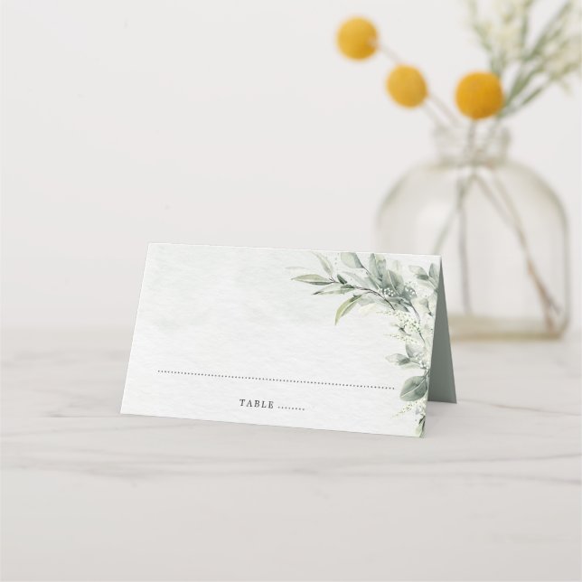 Sage Grönt Eucalyptus Minimalist Botaniska Bröllop Placeringskort (Framsida)