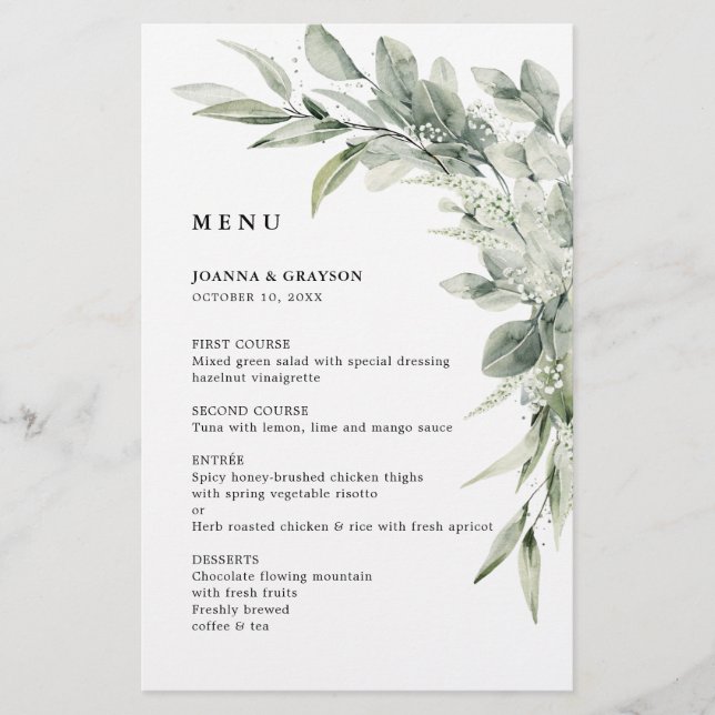Sage Grönt Eucalyptus Minimalist Bröllop Menu (Framsida)