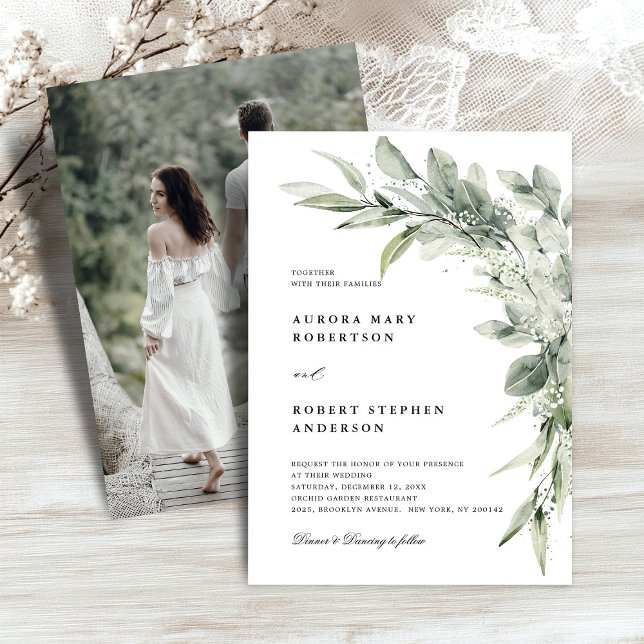 Sage Grönt Eucalyptus Minimalist Photo Bröllop Inbjudningar (Sage Green Eucalyptus Minimalist Photo Wedding Invitation)