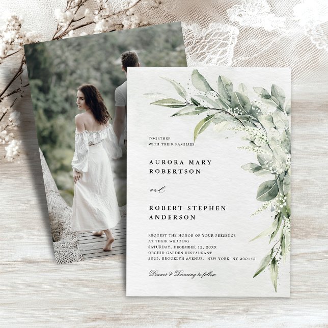 Sage Grönt Eucalyptus Minimalist Photo Bröllop Inbjudningar (Sage Green Eucalyptus Minimalist Photo Wedding Invitation)