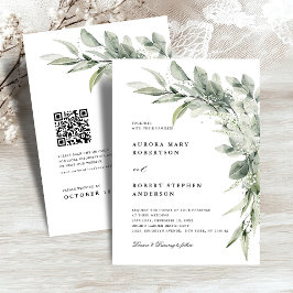 Sage Grönt Eucalyptus Minimalist QR-kod Bröllop Inbjudningar