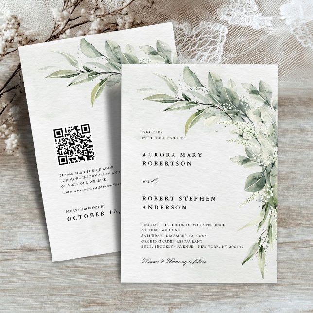 Sage Grönt Eucalyptus Minimalist QR-kod Bröllop Inbjudningar (Sage Green Eucalyptus Minimalist QR code Wedding Invitation)