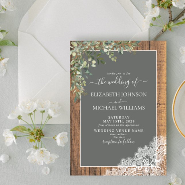 Sage Grönt Eucalyptus Wood Snöre Script Bröllop Inbjudningar (Skapare uppladdad)