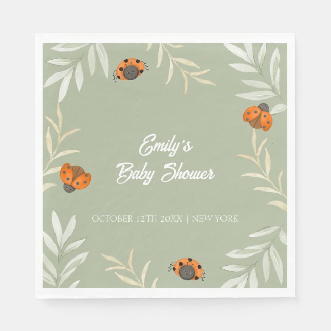 Sage Grönt Fall Ladybug Greenery Baby Shower Pappersservett (Framsidan)