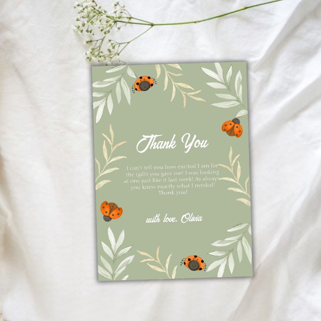 Sage Grönt Fall Ladybug Greenery Baby Shower Tack Kort (Sage Green Fall Ladybug Greenery Baby Shower Thank You Card)