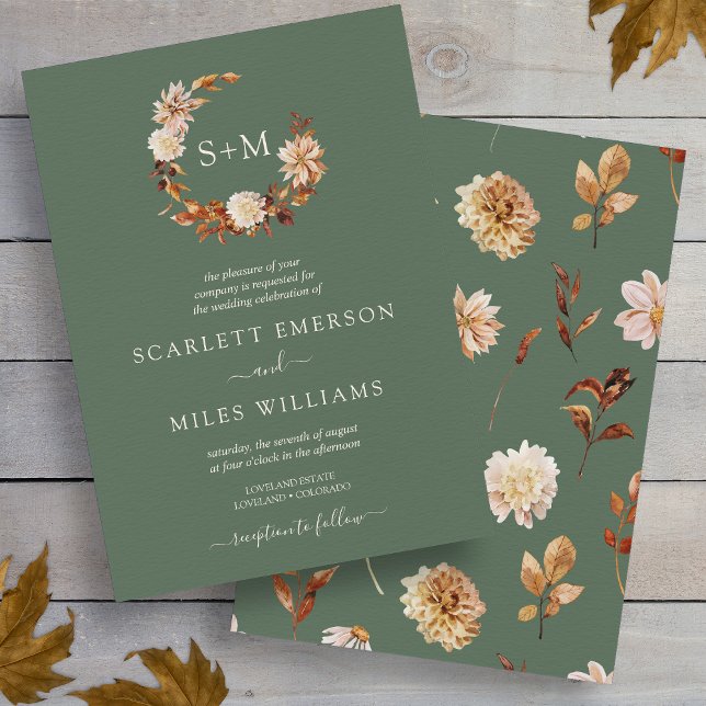 Sage Grönt Fall Terracotta Monogram WAN Bröllop Inbjudningar (Sage Green Fall Terracotta Monogram Wreath Wedding Invitation
)
