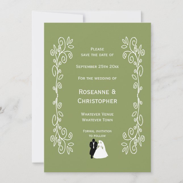 Sage Grönt Färgad Bride and Groom Design Bröllop Spara Datumet (Framsida)