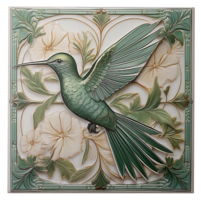 Sage grönt faux relief Art nouveau Hummingbird Kakelplatta (Framsidan)