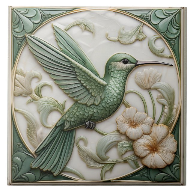 Sage grönt faux relief Art nouveau Hummingbird Kakelplatta (Framsidan)