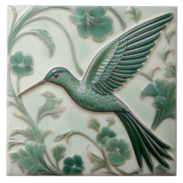 Sage grönt faux relief Art nouveau Hummingbird L Kakelplatta