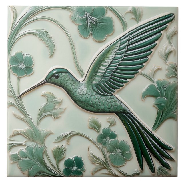 Sage grönt faux relief Art nouveau Hummingbird L Kakelplatta (Framsidan)