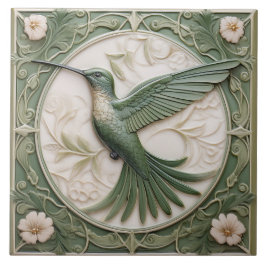 Sage grönt faux relief Art nouveau Hummingbird L Kakelplatta