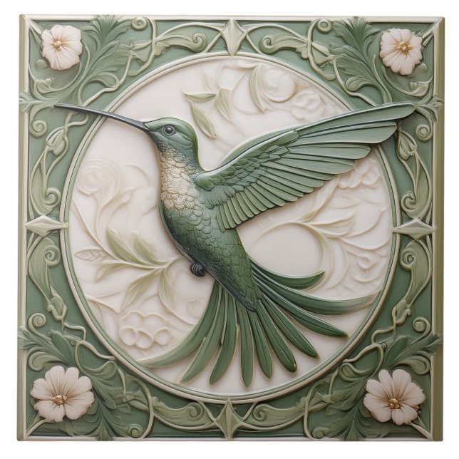 Sage grönt faux relief Art nouveau Hummingbird L Kakelplatta (Framsidan)