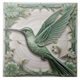 Sage grönt faux relief Art nouveau Hummingbird L Kakelplatta