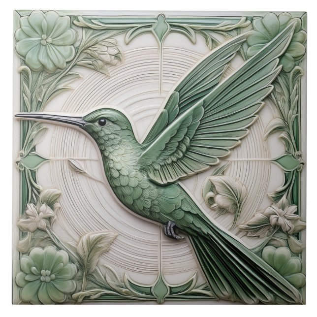 Sage grönt faux relief Art nouveau Hummingbird L Kakelplatta (Framsidan)