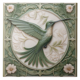 Sage grönt faux relief Art nouveau Hummingbird R Kakelplatta