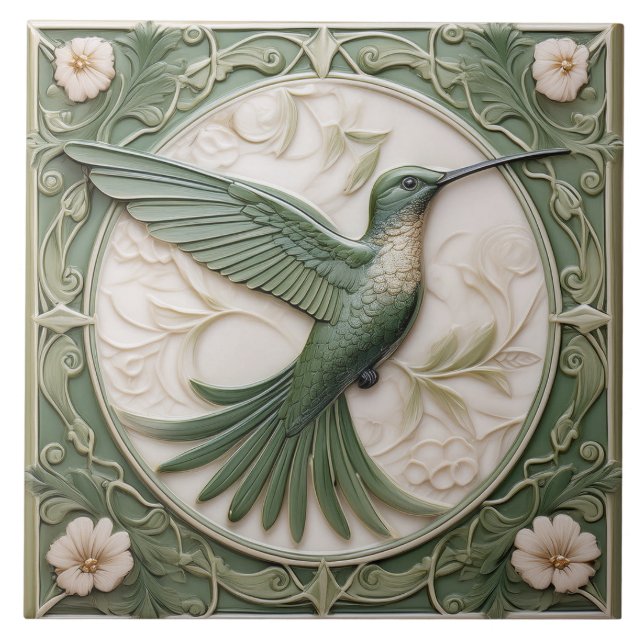 Sage grönt faux relief Art nouveau Hummingbird R Kakelplatta (Framsidan)