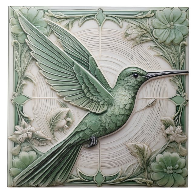 Sage grönt faux relief Art nouveau Hummingbird R Kakelplatta (Framsidan)