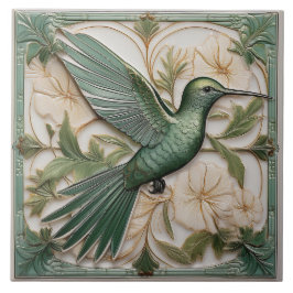 Sage grönt faux relief Art nouveau Hummingbird R Kakelplatta