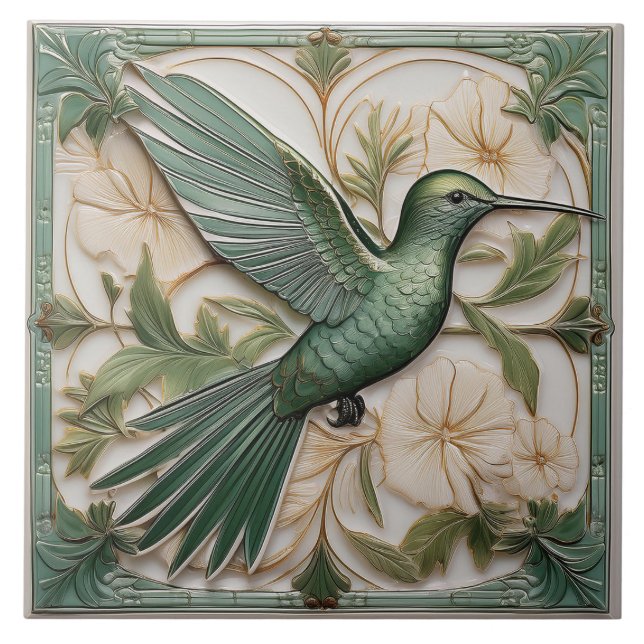 Sage grönt faux relief Art nouveau Hummingbird R Kakelplatta (Framsidan)