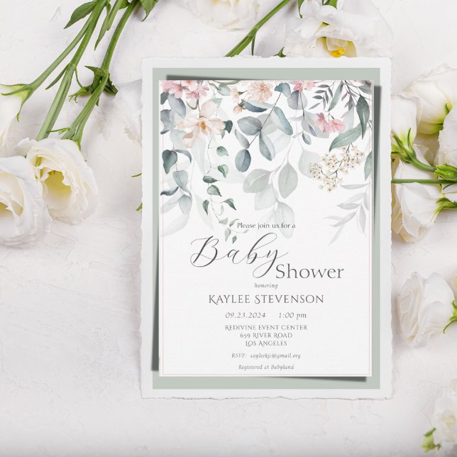 Sage Grönt Flicka Blommigt Modern Baby Shower Inbjudningar (Skapare uppladdad)