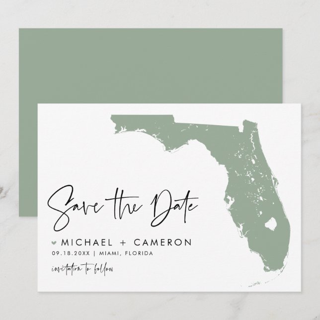 Sage Grönt Florida Karta Modern Minimalist-skript Spara Datumet (Fram/baksida)