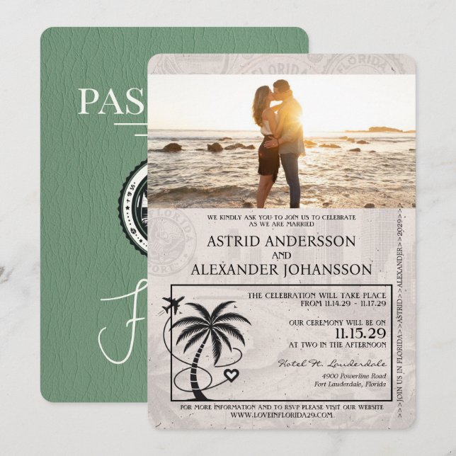 Sage Grönt Florida Passport Bröllop Inbjudningar (Fram/baksida)