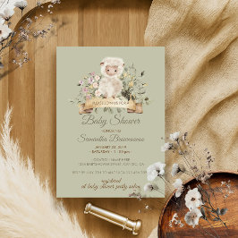 Sage Grönt Flower Cute Sheep Lamb Inbjudningar