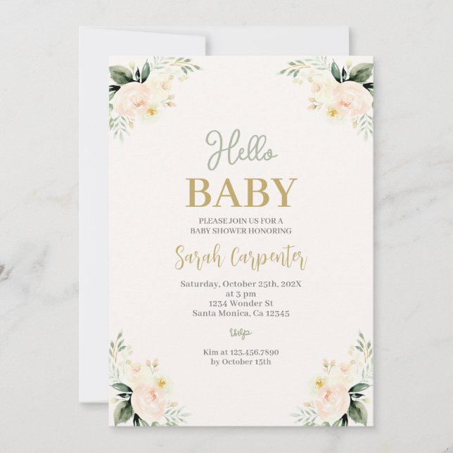 Sage Grönt Flowers Baby Shower Inbjudningar (Framsida)