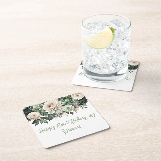 Sage Grönt Flowers Blommigt Party Underlägg Papper Kvadrat (Insitu)