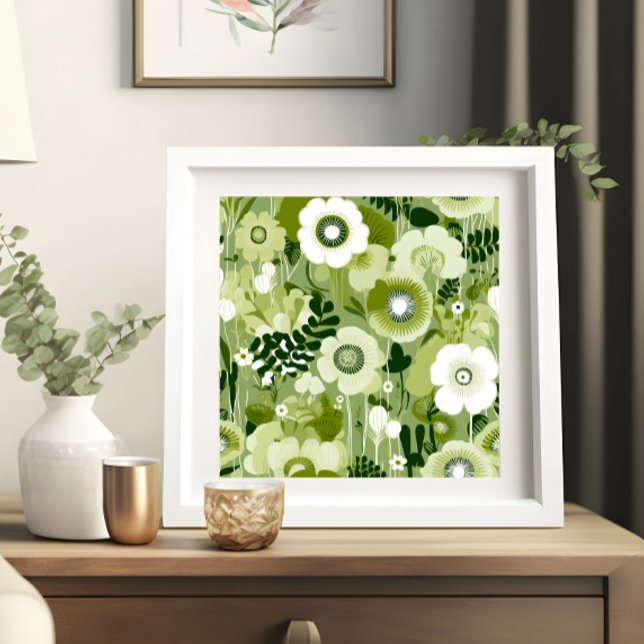 Sage Grönt Flowers Poster (A sage green floral print shown in a white frame)