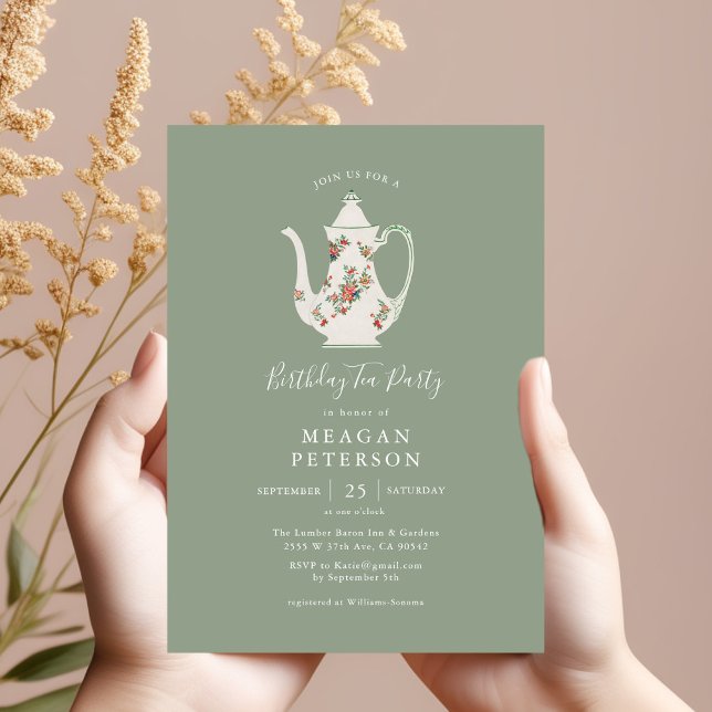 Sage Grönt Födelsedagsfest Tea Party-inbjudan Inbjudningar (Skapare uppladdad)