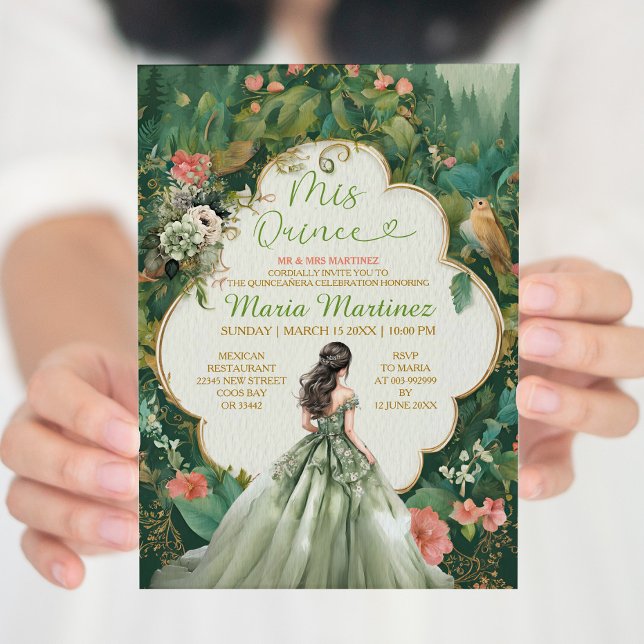Sage Grönt Forest Dress Blommigt Princess Mis Quin Inbjudningar (Skapare uppladdad)