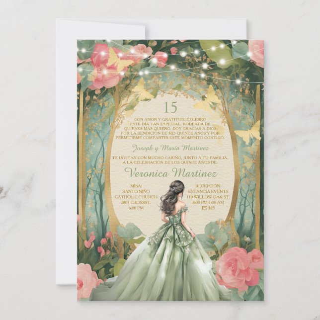Sage Grönt Forest Princess Blommigt Spain 15 Años Inbjudningar (Framsida)